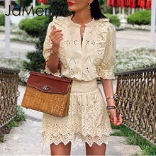 JaMerry Elegant embroidery lace blouse women Summer short sleeve ruffle hollow out tops Fashion ladies solid blouses and tops