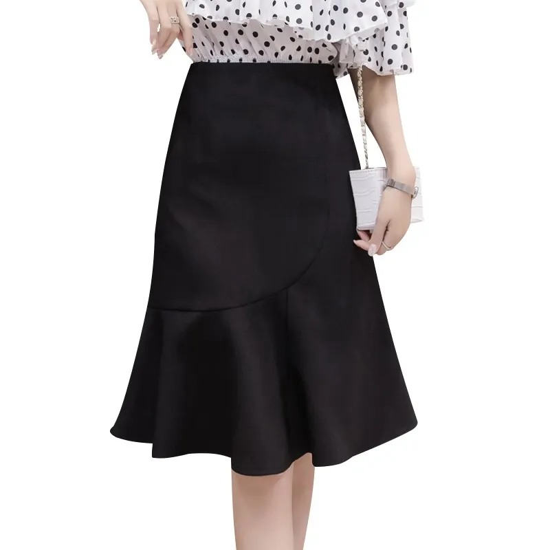 Women New Mermaid Skirt Summer Korean Elegant High Waist Work Skirts Knee Length Ruffles Midi Skirts