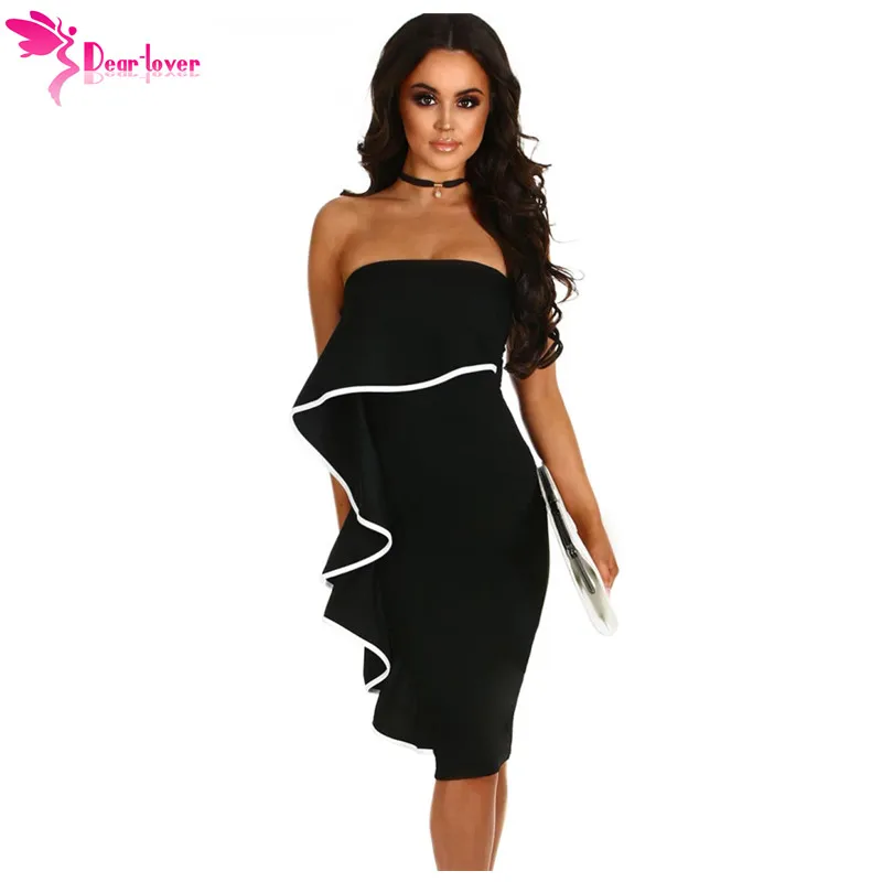 

Dear Lover Sexy Tube Dresses Women Party Knee-Length Black Frill Strapless Bandeau Midi Bodycon Dress Vestidos de Festa LC610049
