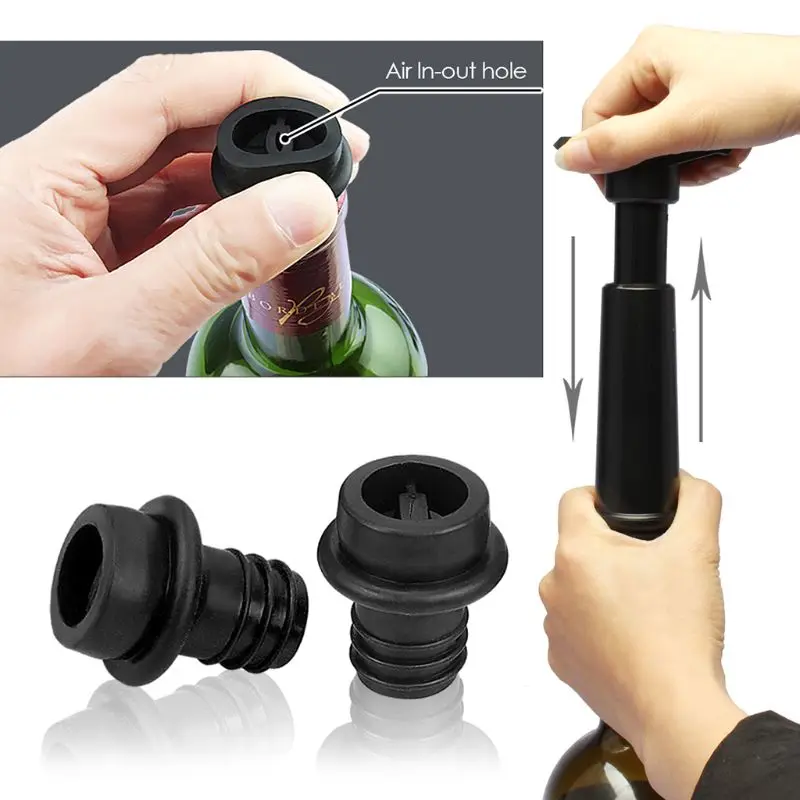 

1 Set Wine Saver Vacuum Bottle Stopper Set 1 Pump + 2 Caps Sealing Preserver Drinks Hat Caps Silicone Reusable