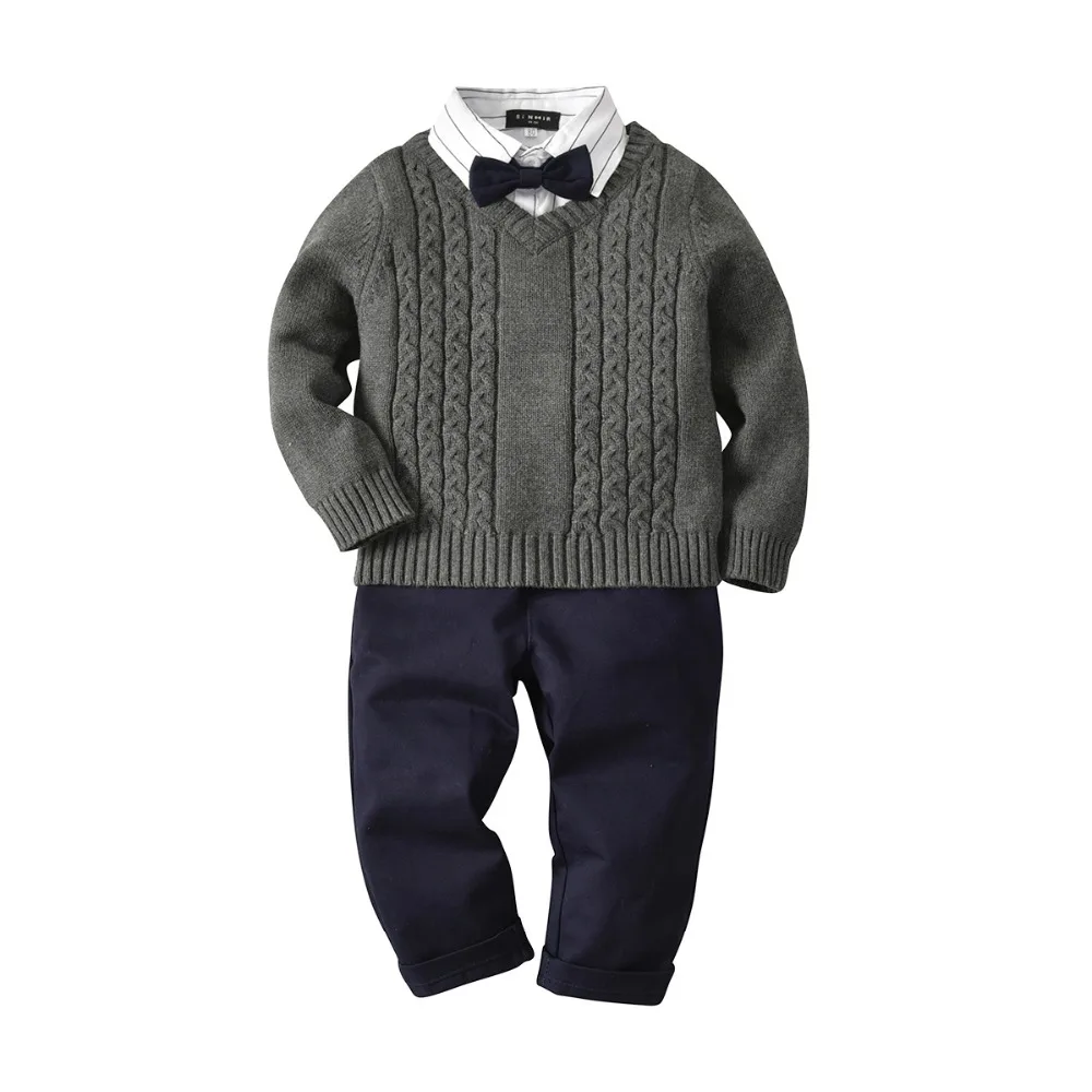 

2018 Formal Tuxedo Baby Boys Clothing set 4pcs 100% Cotton Thread Sweater+Under Shirt +Bow Tie+Pants Boys Wedding Birthday Suit