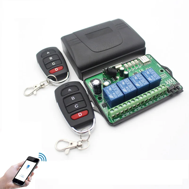 

KTNNKG AC DC 7V-36V 4CH WiFi Remote switch Wireless universal garage door receiver and 1/2 Pcs Ev1527 433MHz RF Remote Controls