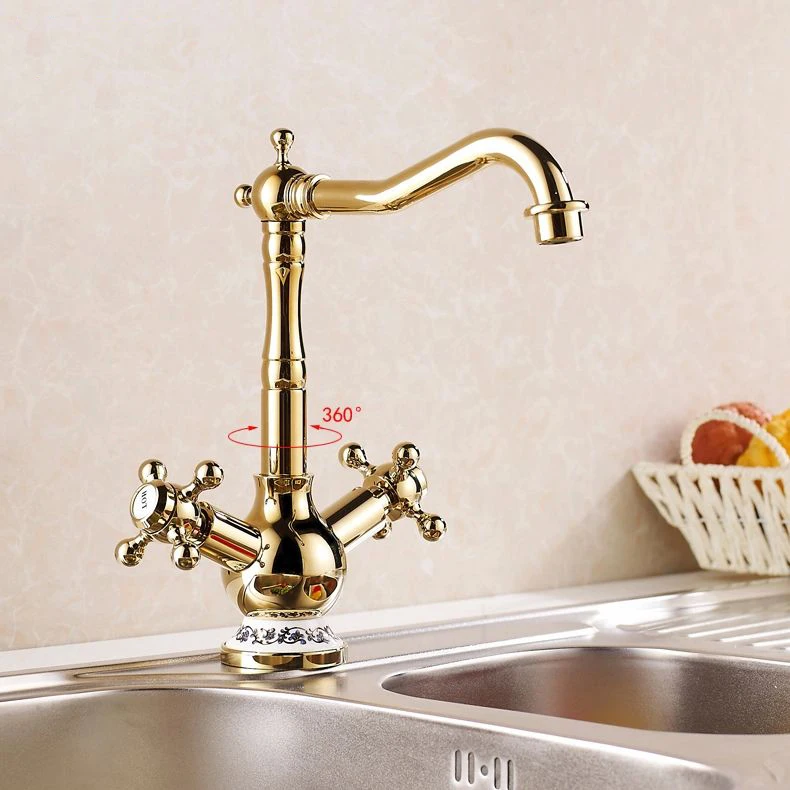 

Kitchen Faucets 2 Cross Handle 360 Degree Swivel But and White Ceramic Gold-Plating High Arch Retro Vanity Luxurious Taps 830K