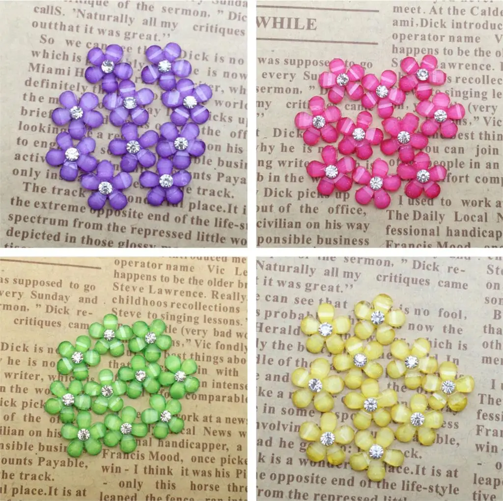 

100pcs/LOT Resin Flower With Rhinestone Flatback Cabochon For Jewelry Findings DIY Phone Embellishments Beads Accessories