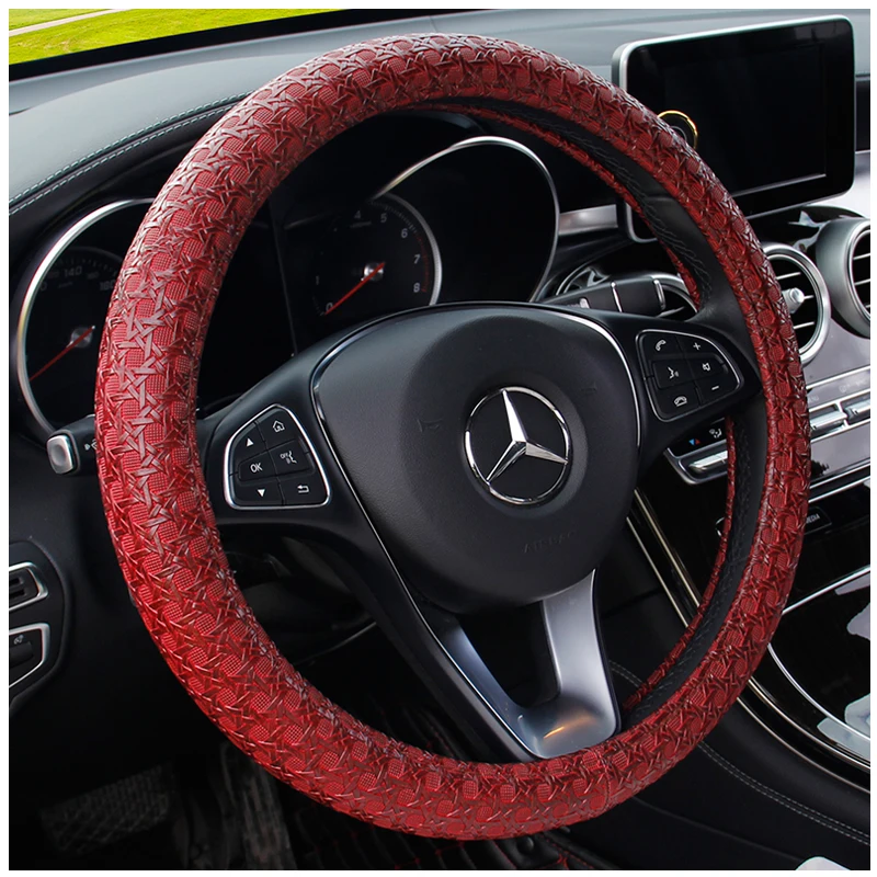 

KKYSYELVA Car Interior Accessories Black Auto Sports Steering Wheel Cover Leather 38cm Vehicle Truch Steering Covers