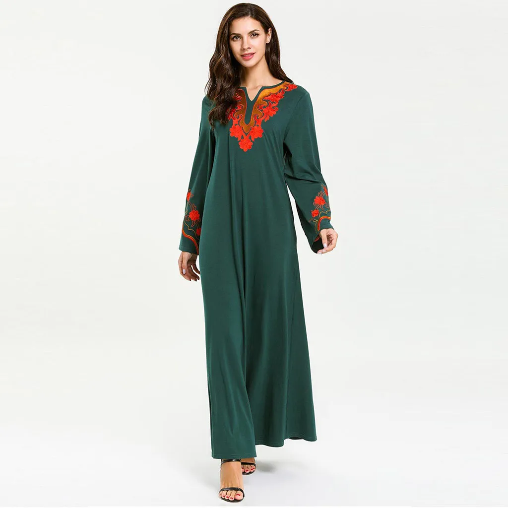 

2019 New tyle Women's National Robe Abaya Islamic Muslim Middle Eastern Long Dress Cotton Full O-Neck Muslim Dress C30505