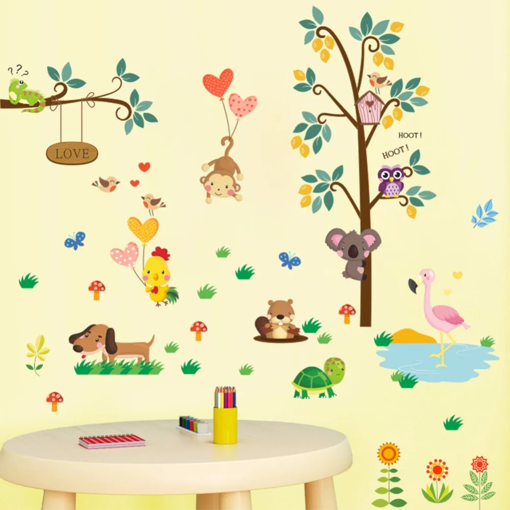 Yanqiao Pohon Owl Monyet Lucu Hewan Kartun Stiker Dinding Kamar Anak