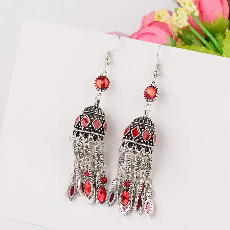 

OIQUEI Womens Sliver Vintage Drop Dangle Earrings With Red Beads Gypsy Indian Jewelry Boho Ethnic Long Tassel Earrings For Women
