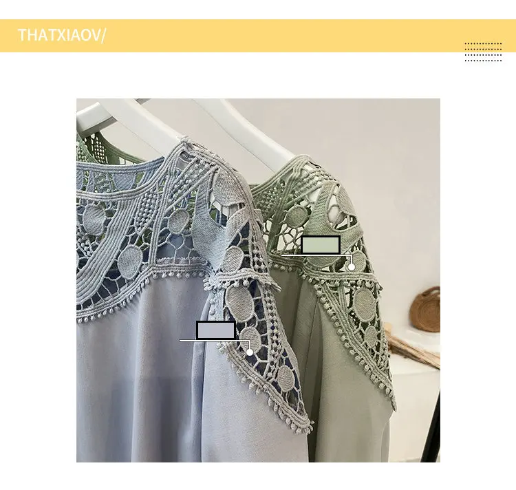 New Summer Tops Large Size Chiffon Blouses Women Korean-style Hollow Lace Patchwork Shirts Femme Casual Short Sleeve Blusas Mujer De Moda 2019 (3)