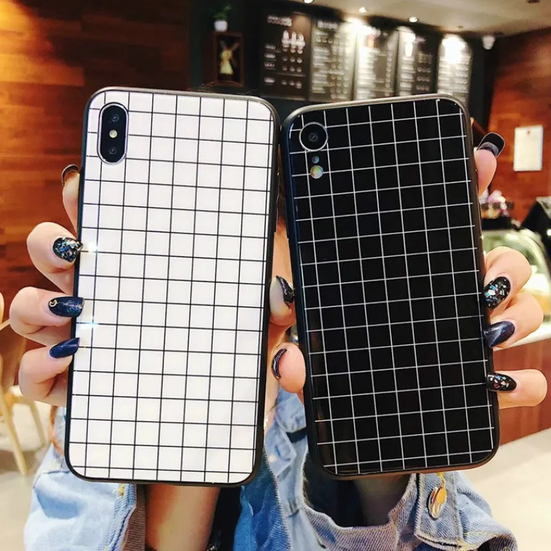 Luxury Black and White Plaid Glass Case For iPhone 7 Phone