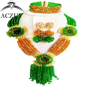 

Brand ACZUV Statement Jewelry Sets African Indian Nigerian Wedding Beads Crystal Green and Gold AB AN042