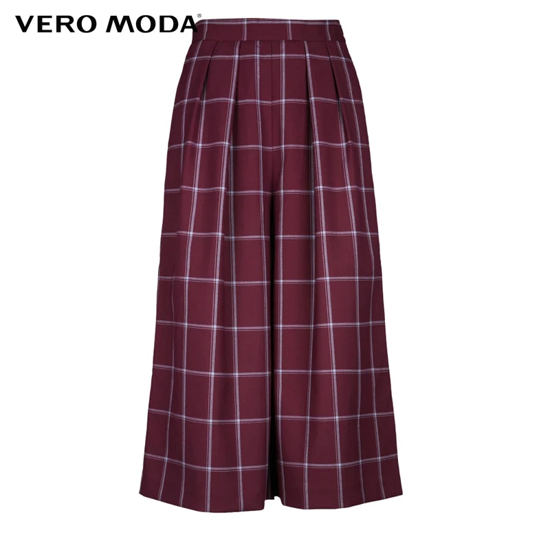 Vero Moda Brand 2018 NEW three quarter trouser regular OL-style side pocket zipper plaid women wide leg pants |31616J007