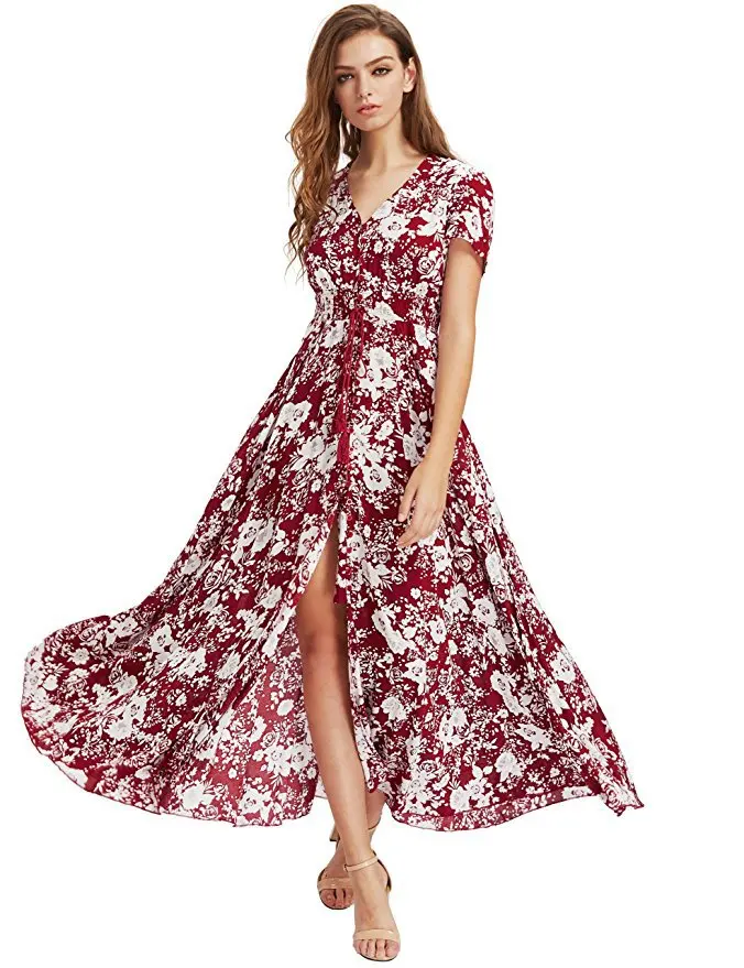 Богемное длинное женское платье с цветочным принтом, сексуальное летнее богемное Платье макси с пуговицами, модное женское винтажное Повседневное платье LDW1026