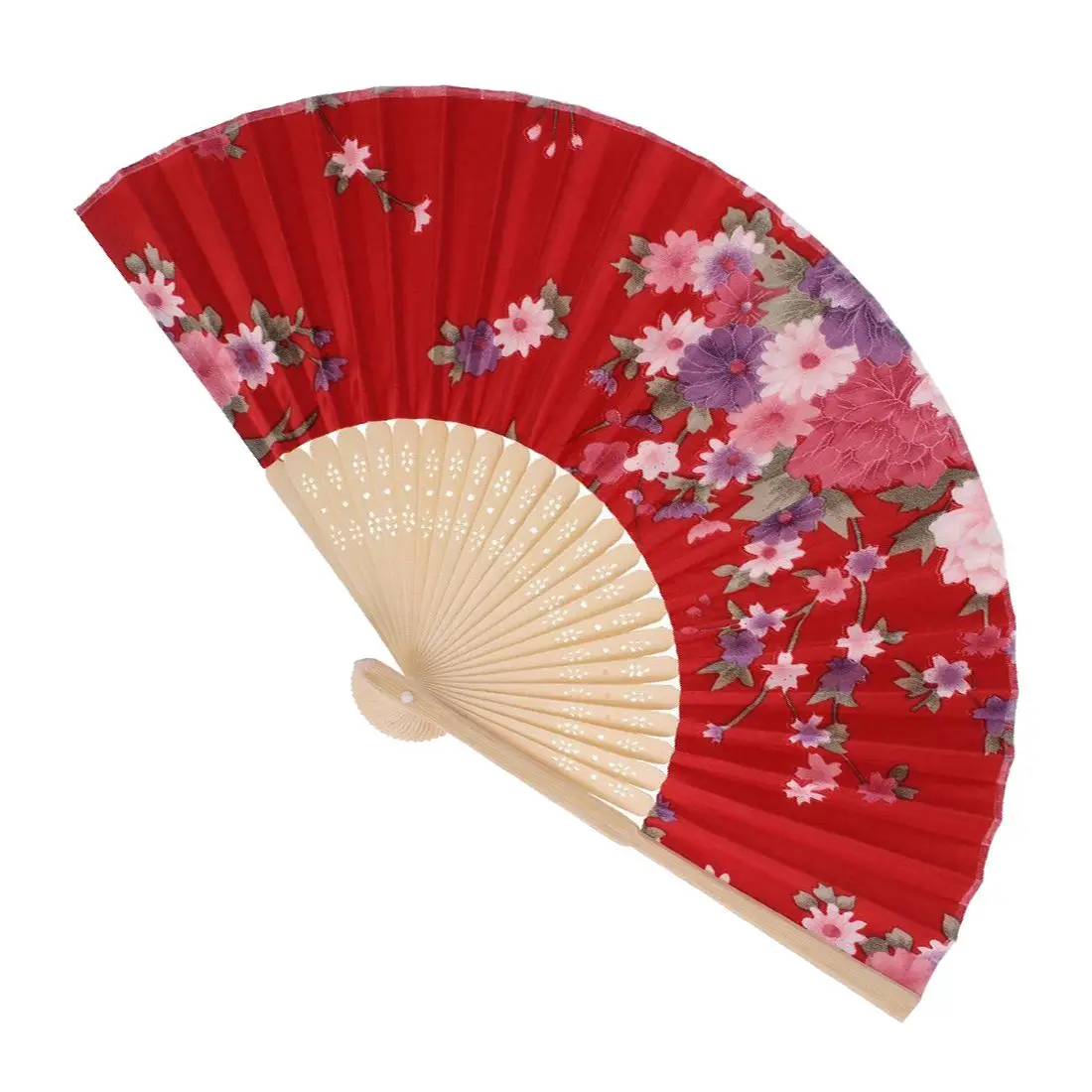 

HOT-Fabric Chinese Style Flower Pattern Dancing Folding Held Hand Fan Red