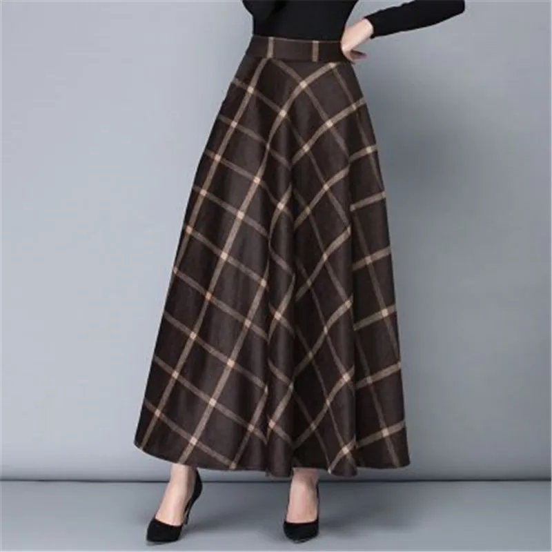 Клетчатая Шерстяная Женская юбка, Осень-зима, толстая длинная юбка с высокой талией, плюс размер, тонкая большая свободная юбка, размер может быть настроен - Цвет: Dark coffee Plaid