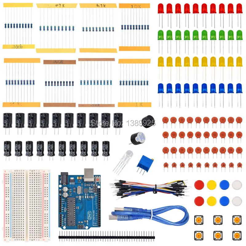 

Starter Kit for Ar-duino with Resistor /LED / Capacitor / Jumper Wires / Breadboard resistor Kit
