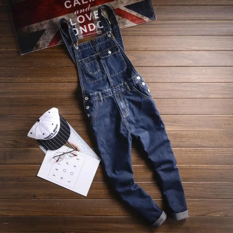 Летние синие джинсовые комбинезоны с несколькими карманами, модные мужские джинсы-шаровары с карманами на подтяжках, длина до щиколотки, 063009