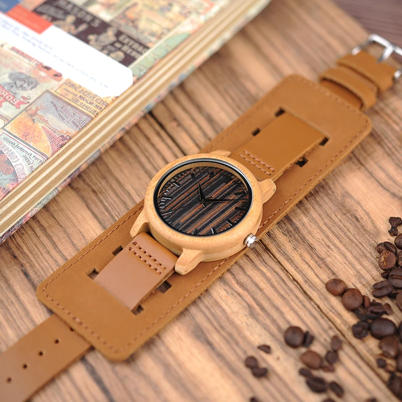 BOBO BIRD V-H08 Bamboo Wooden Watches Mens Quartz Outdoor Sport Watches Clock With Leather Strap Relojes Hombre