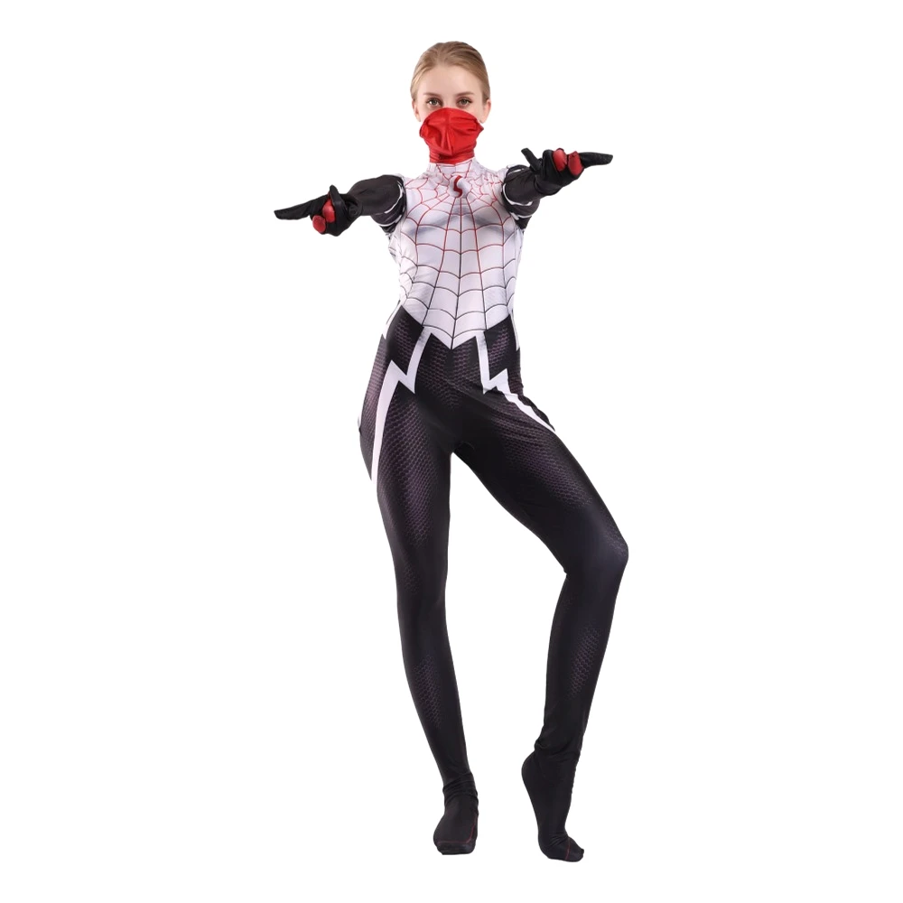Потрясающий Шелковый костюм паука Синди Мун косплей Женский костюм паука маска для девочек вечерние комбинезоны на Хэллоуин боди - Цвет: Adult