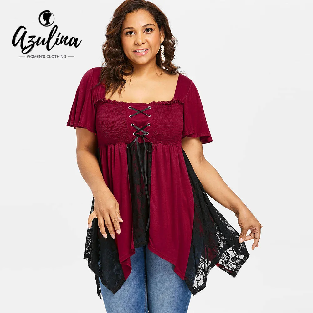 2019 plus size lace up square neck t shirt