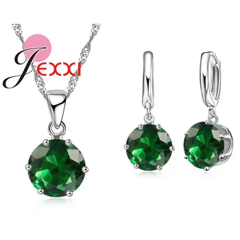 

17 Color Promotions 925 Sterling Silver CZ Collar Necklace Earrings Crystal Anniversary Wedding Jewelry Sets