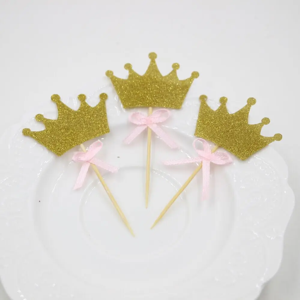 24pcs crown cupcake toppers, glitter crowns, princess party decorations, prince birthday, pink