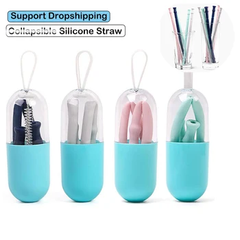 

Collapsible Silicone Straw Soft Baby Drink Straw Reusable Color Healthy Straw with Carrying Case and Cleaning Brush for Travel
