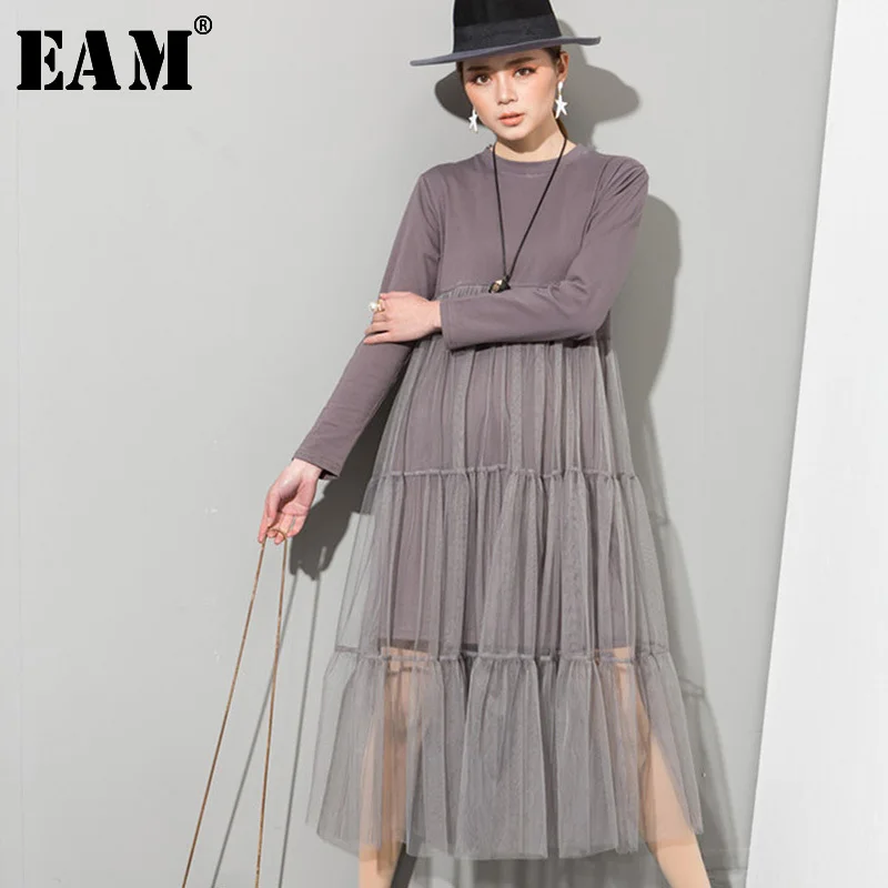 

[EAM] 2019 Spring Fashion New O-Neck Long Sleeve Gray Loose Lace 5XL Split Joint Hem Sexy Gray Dress Woman Fashion Tide AS33