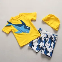 Купальный костюм для мальчиков, новинка года, купальный костюм желтого цвета с 3D принтом акулы, детский купальный костюм из 2 предметов для маленьких мальчиков, купальный костюм для малышей