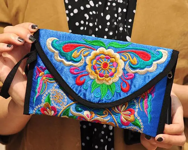 10pcs/lot  woman Embroidered Wallet Purse Handmade Ethnic Flowers Embroidery Women Long Wallet Day Clutch HandBag
