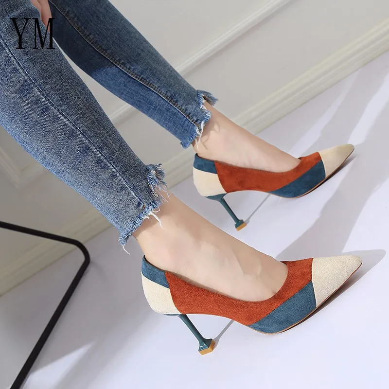 

2019 Mixed Colors Flock Women's High Heels Shoes Patchwork Pointed Toe Women Shoes Fashion Women Pumps Office Shoes