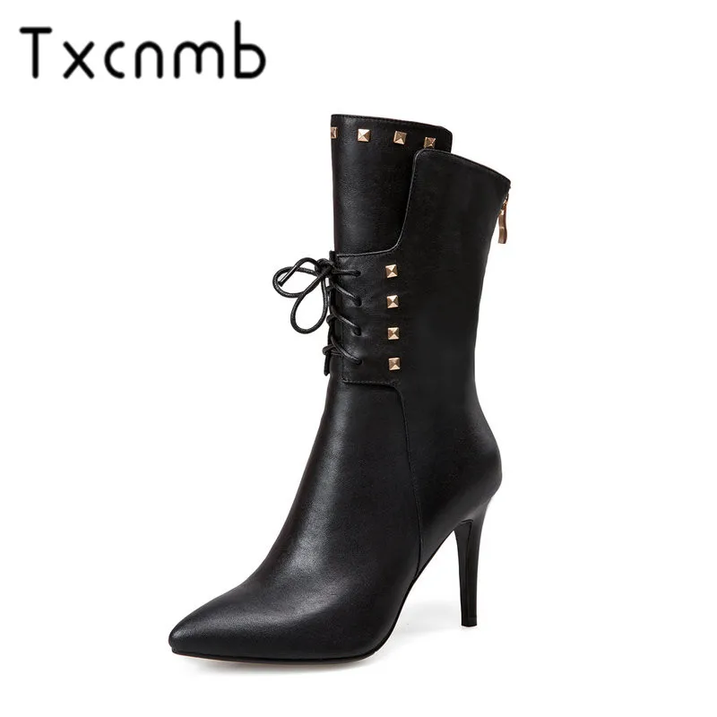 

TXCNMB New Cow Leather High Heel Boots Women Mid-calf Boots Black Office Dress Shoes Autumn Winter Shoes Woman Size 41 42 43