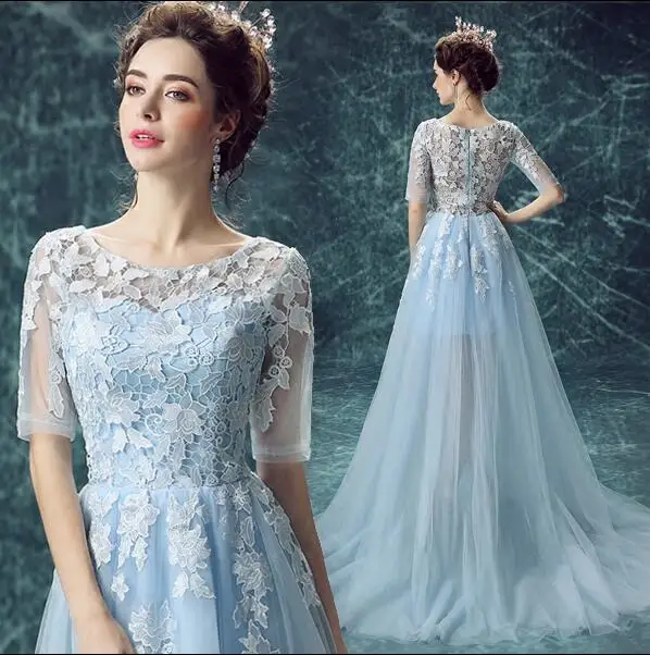 Синий half-рукава совок , долго шифона особый случай vestidos феста 2016 элегантных женщин пром ну вечеринку платье vestido madrinha