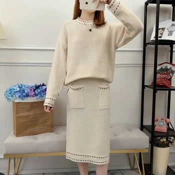 

2018 Autumn Womans Loose Sweater + Midi Skirt Sets Striped Female Causal Two-Pieces Suits Lazy Sweater Tops Knit Skirt Winter