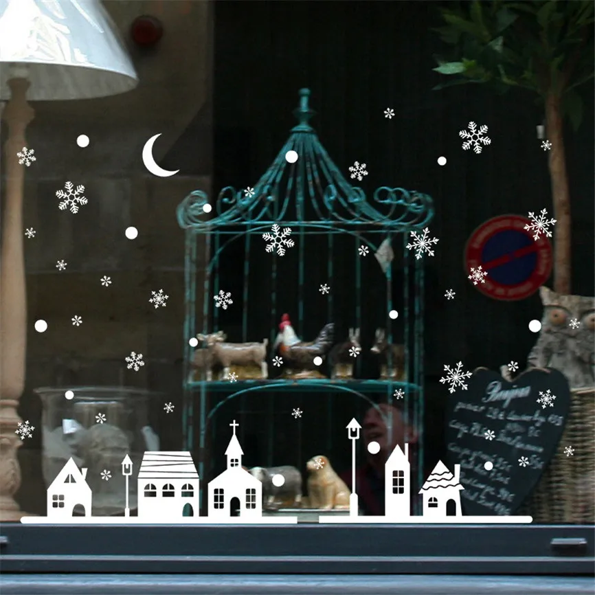 

Wallpaper 2019 New Year Window Glass Christmas Shop Decoration Wall Stickers Christmas Snowflakes Town For Xmas Home Decal Nov#2