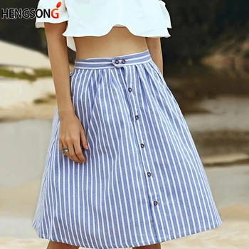 

Striped A-Line Blue Single-Breasted Skirts Women High Waist Skirts New Arrival 2018 Summer Cute Casual Knee-Length Skirts