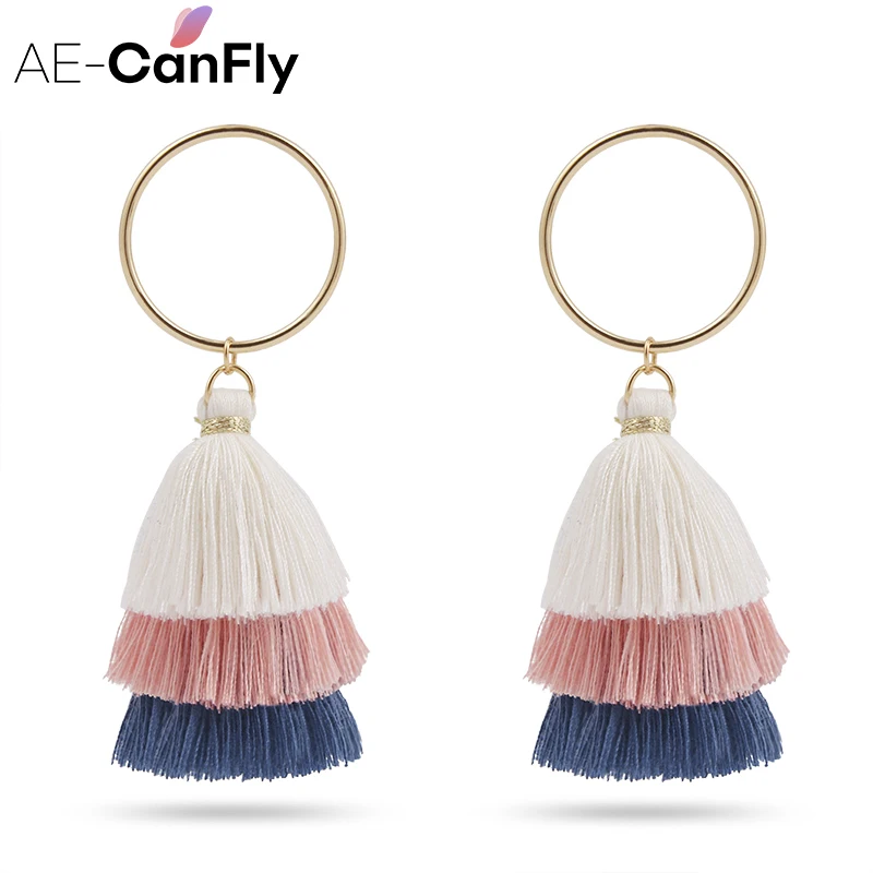 

AE-CANFLY 3 Layered Colorful Womens Stylish Earrings Bohemian Style Tassel Drop Earrings