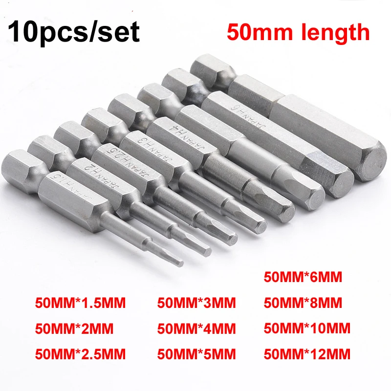 

10pcs/set Magnetic Hex Screwdriver Bits 1/4'' Hex Shank Screwdriver Bits Set Screw Drivers H1.5-H12 For Power Tool 50mm Length