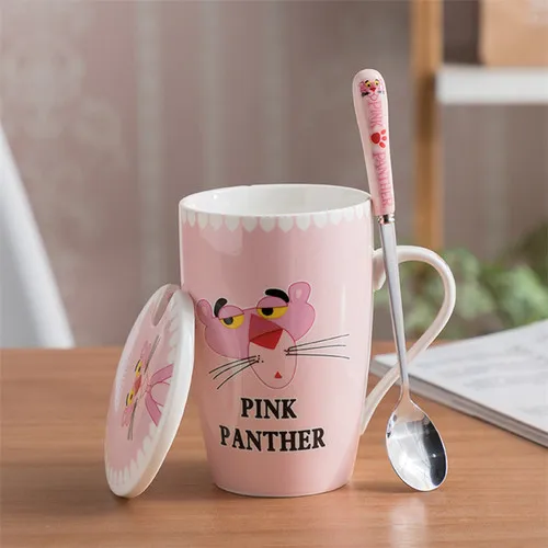 Креативная супер милая керамика чашка 350 мл кружка для школьниц Розовая пантера кофейная чашка парные чашки с крышкой ложка подарок на день Святого Валентина - Цвет: L
