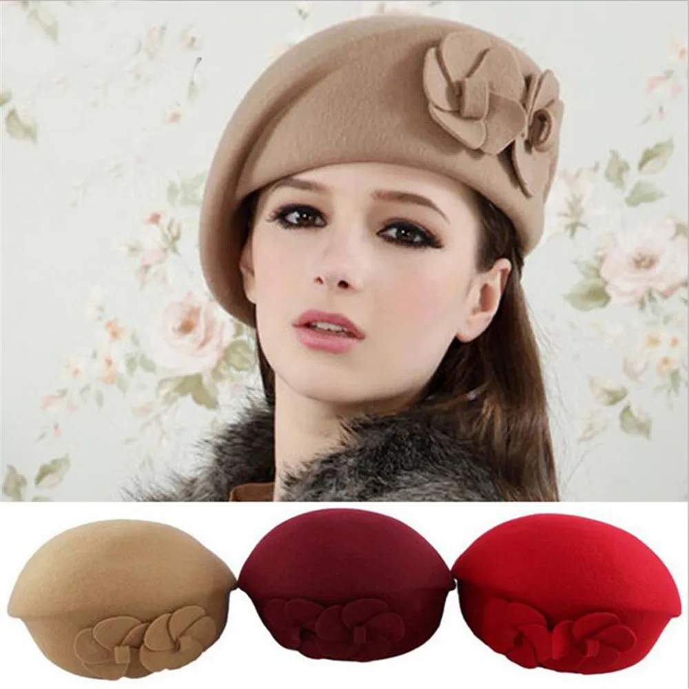 

100% Wool Beret Winter Berets Women Winter Felt Beret Floral Women Felt French Beret Beanie Fedora Hat Beanie Winter Flower