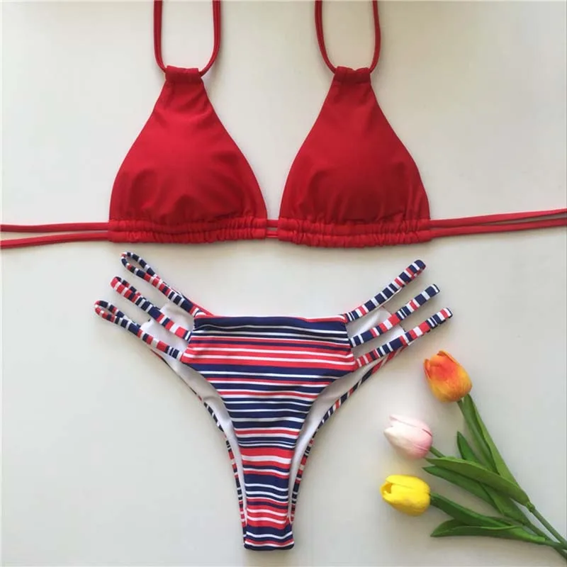 

Sexy Red Swimsuit Thong String Bikini Women Swimwear Push Up Bathing Suits Beach Wear Swim Print Brazilian Biquini Swimming Suit