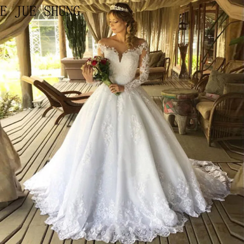 E JUE SHUNG белое кружевное бальное платье с аппликацией Свадебные платья пуговицы прозрачное на спине длинное платье невесты