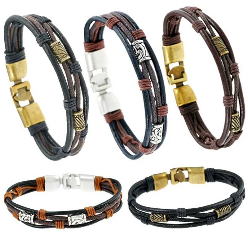 New Design Alloy PU Leather Strap Bracelets Rope Black Braided Bracelet