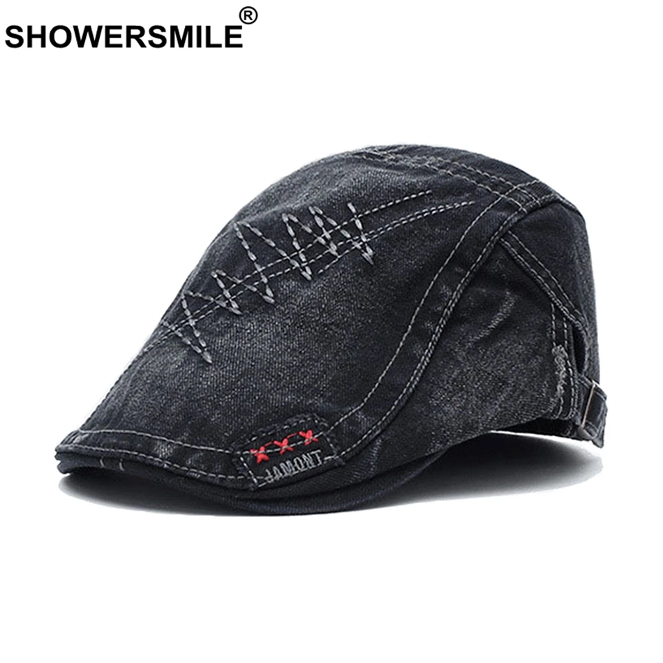 

SHOWERSMILE Washed Denim Flat Caps Men Black Embroidery Pattern Beret Hat Male Spring Autumn Brand Vintage Duckbill Driving Hats