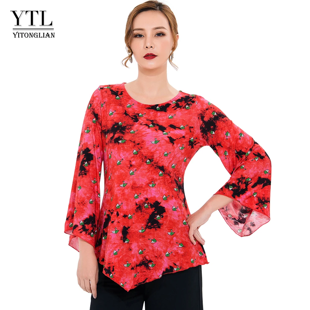 

YTL Women Tops Embossed 3/4 Sleeve O-neck Tie-dyed Red Floral Printed Asymmetrical Hem Flare Sleeve Casual Ladies Shirt H211