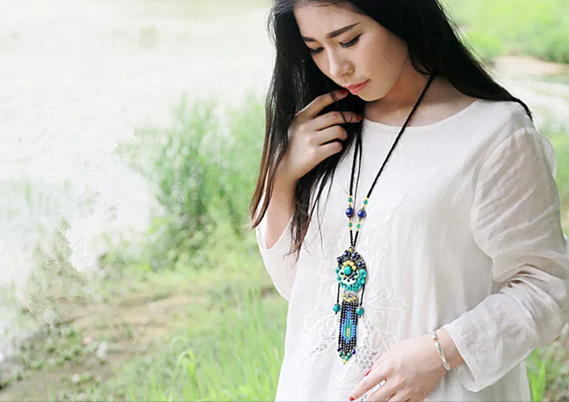 Yanting 2018 Boho Necklace Shell Bronze Alloy Flower Pendants Long Tassel Necklace For Women Natural Stone Maxi Necklaces 043 (4)