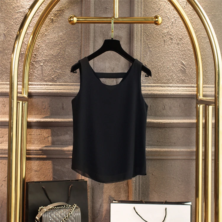 Модная брендовая женская блузка Летний шифон без рукавов рубашка однотонная с v-образным вырезом Повседневная Блузка размера плюс 4XL Свободный Топ для девушек - Цвет: 11 Black