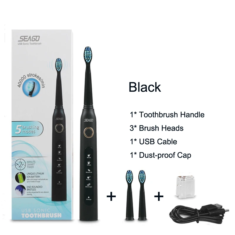 Звуковая электрическая зубная щетка, брендовая, для отбеливания зубов, сменные насадки, USB, для подзарядки, зубная щетка, очиститель зубов, белый - Цвет: black toothbrush SG