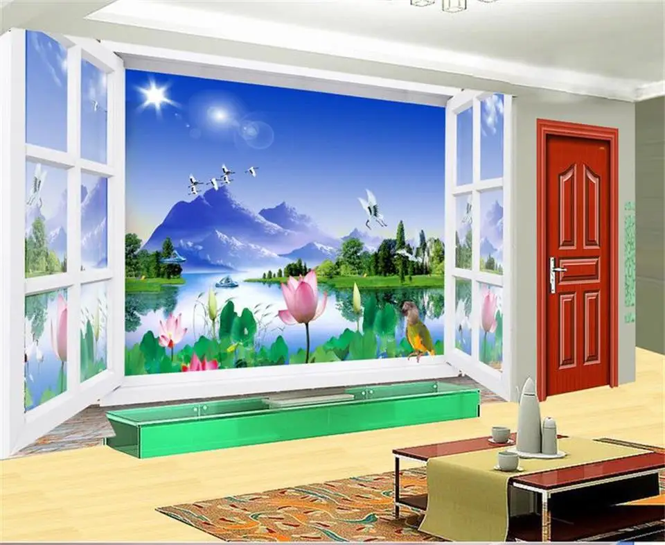

Custom 3d photo wallpaper living room mural sun bird window lotus landscape painting sofa TV background wall non-woven sticker