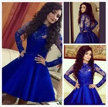Cocktailkleider 2016 Royal Blue High Neck Spitze Mieder Kurzen Cocktail kleid Sheer Long Sleeve 2016 Neue 2016 Neue Robe de cocktail